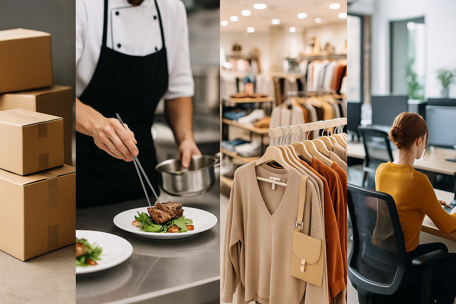 Collage aus Paketen, Gastronomie und Einzelhandel